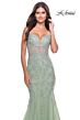 La Femme 31579 Exposed Tie-Back Lace Applique Mermaid Dress