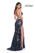 La Femme 31916 High Slit Lace-Up Back Floral Dress