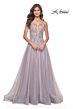 La Femme 31995 Plunging Neckline Sheer Sides Lace-Up Dress