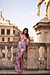 La Femme 32050 Cutaway Slit Floral Sequin Lace-Up Dress