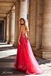 La Femme 32062 Lace Appliques Plunging Neck Lace-Up Dress