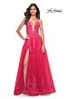 La Femme 32062 Lace Appliques Plunging Neck Lace-Up Dress