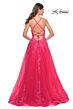 La Femme 32062 Lace Appliques Plunging Neck Lace-Up Dress