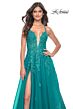 La Femme 32062 Lace Appliques Plunging Neck Lace-Up Dress