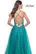 La Femme 32062 Lace Appliques Plunging Neck Lace-Up Dress