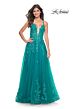 La Femme 32062 Lace Appliques Plunging Neck Lace-Up Dress