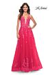 La Femme 32062 Lace Appliques Plunging Neck Lace-Up Dress