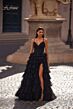La Femme 32086 Ruffle Skirt Ruched Top Lace-Up Dress