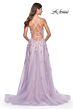 La Femme 32090 Leaf Appliques High Slit Lace-Up Dress