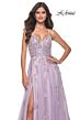 La Femme 32090 Leaf Appliques High Slit Lace-Up Dress
