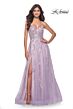 La Femme 32090 Leaf Appliques High Slit Lace-Up Dress