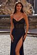 La Femme 32230 Glitter Corset Slit Skirt Lace-Up Dress