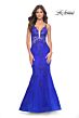 La Femme 32305 Floral Appliques Plunging Neck Lace-Up Dress