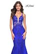 La Femme 32305 Floral Appliques Plunging Neck Lace-Up Dress