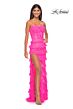 La Femme 32442 Layered Skirt High Slit Lace-Up Dress