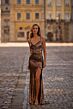 La Femme 32782 Criss Cross Back Cowl Neck Metallic Dress