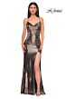 La Femme 32782 Criss Cross Back Cowl Neck Metallic Dress