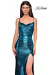 La Femme 32782 Criss Cross Back Cowl Neck Metallic Dress