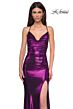 La Femme 32782 Criss Cross Back Cowl Neck Metallic Dress