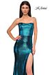 La Femme 32828 Draped Neckline High Slit Metallic Dress