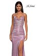 La Femme 32835 Cowl Neckline Criss Cross Back Metallic Dress