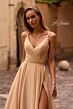 La Femme 32864 Pleated Top High Slit Metallic Dress