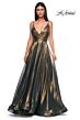 La Femme 32864 Pleated Top High Slit Metallic Dress