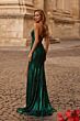 La Femme 32884 High Slit Faux Wrap Metallic Dress