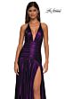 La Femme 32887 Drop Waist Plunging Neck Metallic Dress