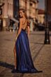 La Femme 32917 Plunging Neckline Criss Cross Back Metallic Dress