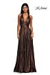 La Femme 32917 Plunging Neckline Criss Cross Back Metallic Dress