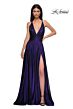 La Femme 32917 Plunging Neckline Criss Cross Back Metallic Dress