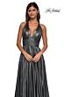 La Femme 32917 Plunging Neckline Criss Cross Back Metallic Dress