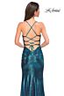 La Femme 32945 Lace-Up Back Ruched Metallic Dress