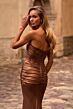 La Femme 33007 Strapless Sweetheart Neckline Ruched Metallic Dress