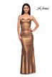 La Femme 33007 Strapless Sweetheart Neckline Ruched Metallic Dress