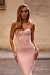 La Femme 33019 Ruched Back Strapless Corset Hot Fix Dress