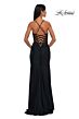La Femme 33115 Lace-Up Back High Slit Ruched Dress