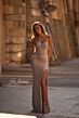 La Femme 32876 Mocha High Slit Metallic Dress