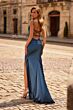 La Femme 33423 Dark Teal Strappy Back Plunging Neck Dress