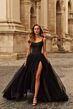 La Femme 33499 Black Tulle Skirt High Slit Dress