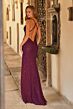 La Femme 33512 Dark Berry Slit Skirt Plunging Neckline Dress