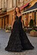 La Femme 33525 Black Tiered Skirt High Slit Dress