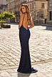 La Femme 33648 Navy Blue Backless Lace Dress