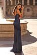 La Femme 33709 Navy Blue Satin Skirt Spaghetti Strap Dress
