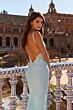 La Femme 33721 Cloud Blue Backless Mesh and Lace Dress