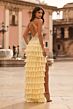 La Femme 33751 Pale Yellow Tiered Ruffle Skirt High Slit Dress