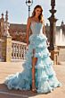 La Femme 33812 Cloud Blue Sweep Train Tiered Ruffle Skirt Dress