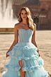 La Femme 33812 Cloud Blue Sweep Train Tiered Ruffle Skirt Dress