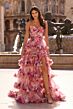 La Femme 33842 High Slit Tiered Ruffle Skirt Multicolor Floral Dress